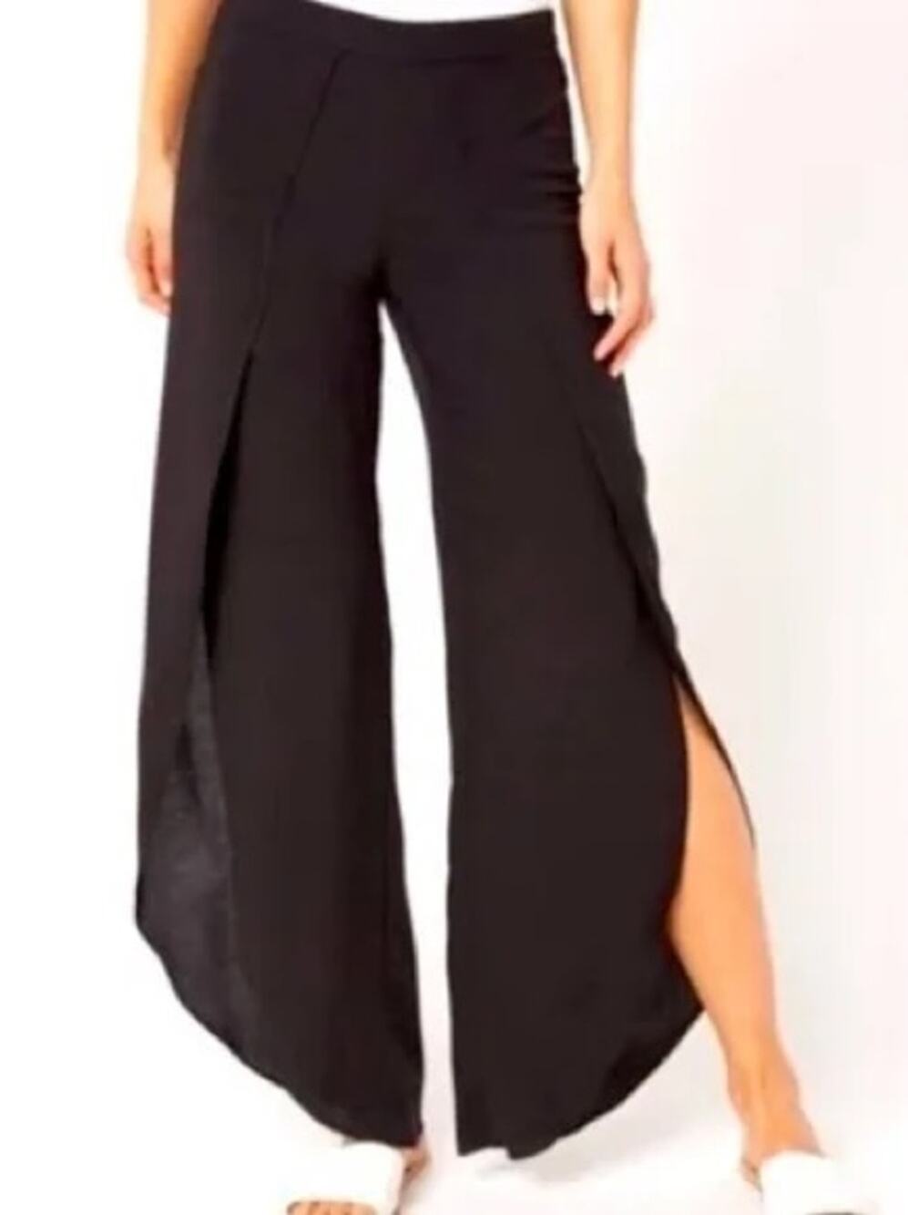 Drew Whitney High Slit Wide Leg Pants Black Draped Overlay Rayon Size Small